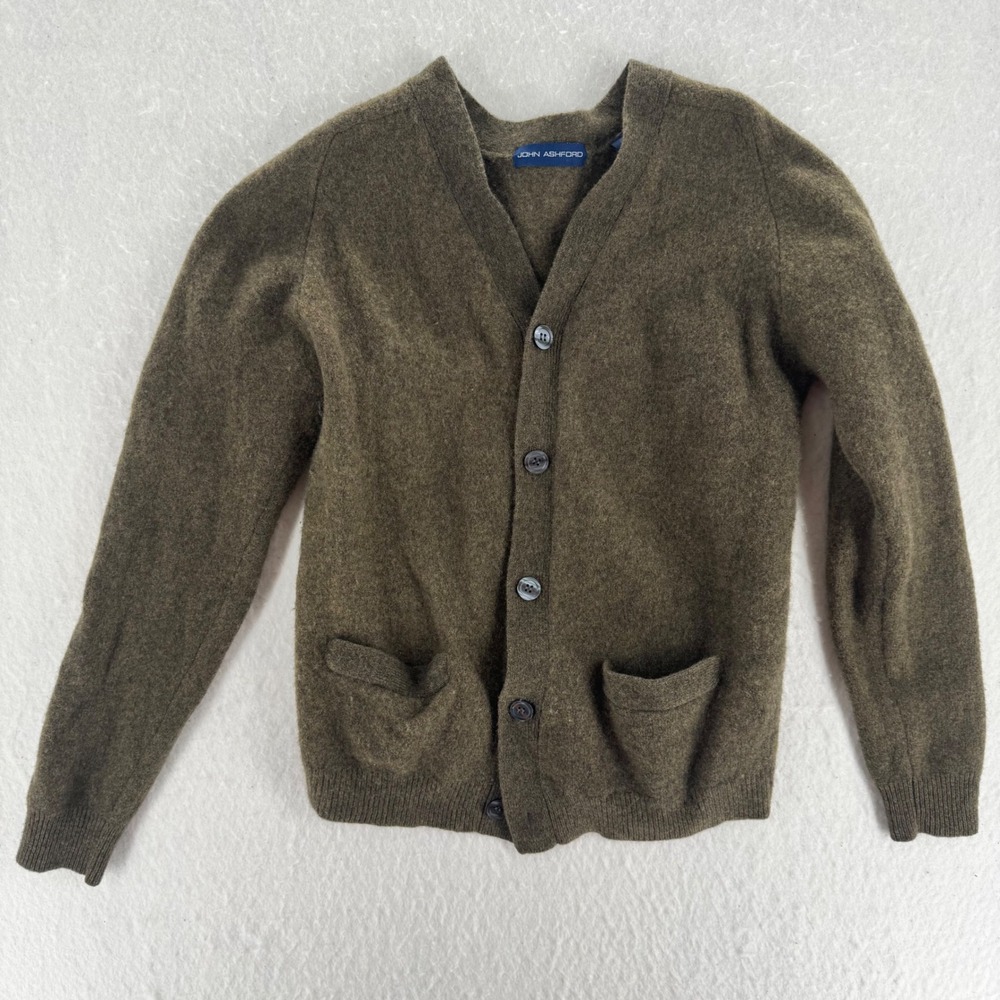 John Ashford - VTG Cardigan 100% Pure New Wool Pockets - Olive Green - S - Mens